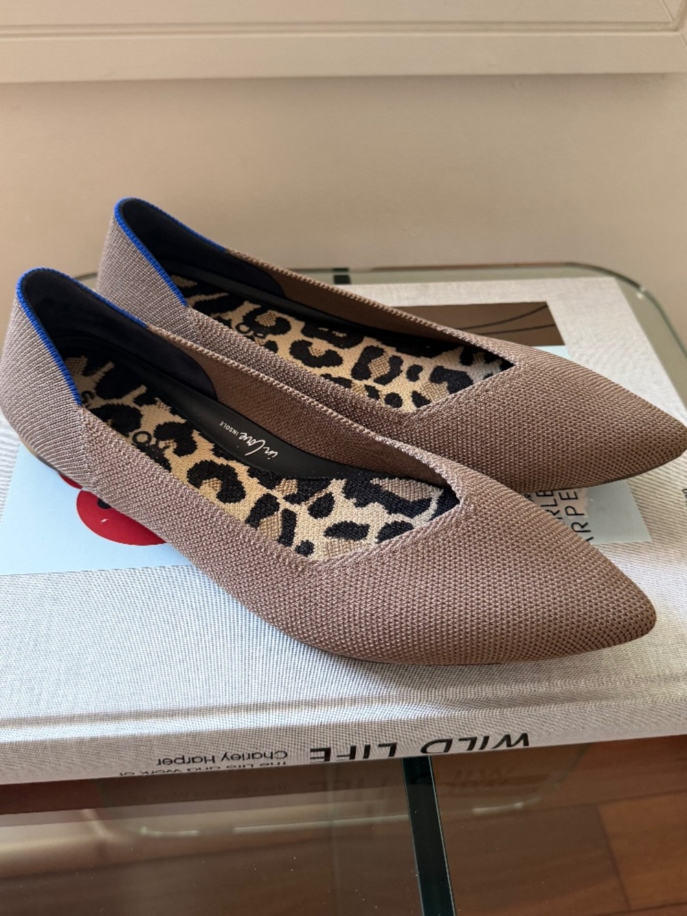 Pointed Toe Knit Flats in Brown with Blue Trim